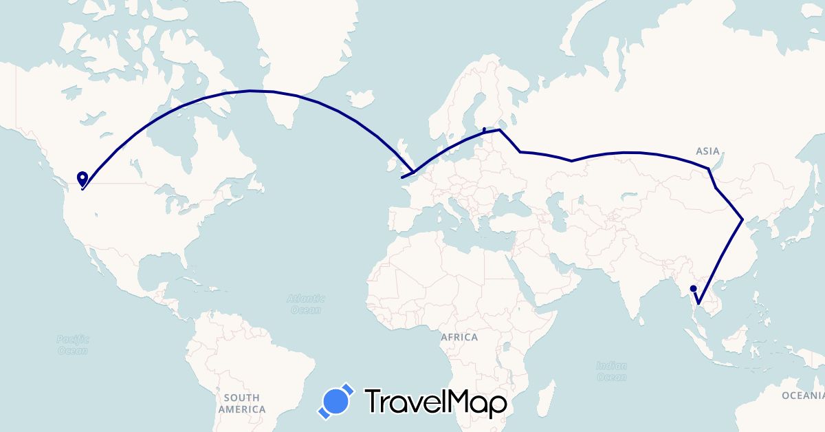 TravelMap itinerary: driving in China, Estonia, Finland, United Kingdom, Mongolia, Russia, Thailand, United States (Asia, Europe, North America)